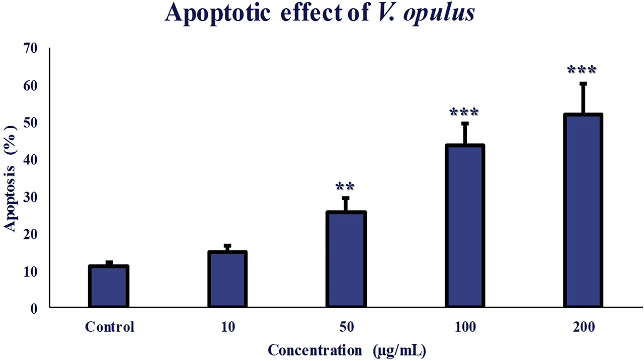 Figure 8: Effects of V. opulus on cell apoptosis in a colorectal cancer cell line (Lovo) treated with different concentrations (10; 100; 500; 1000 μg/mL) of V. opulus extract for 24 h.