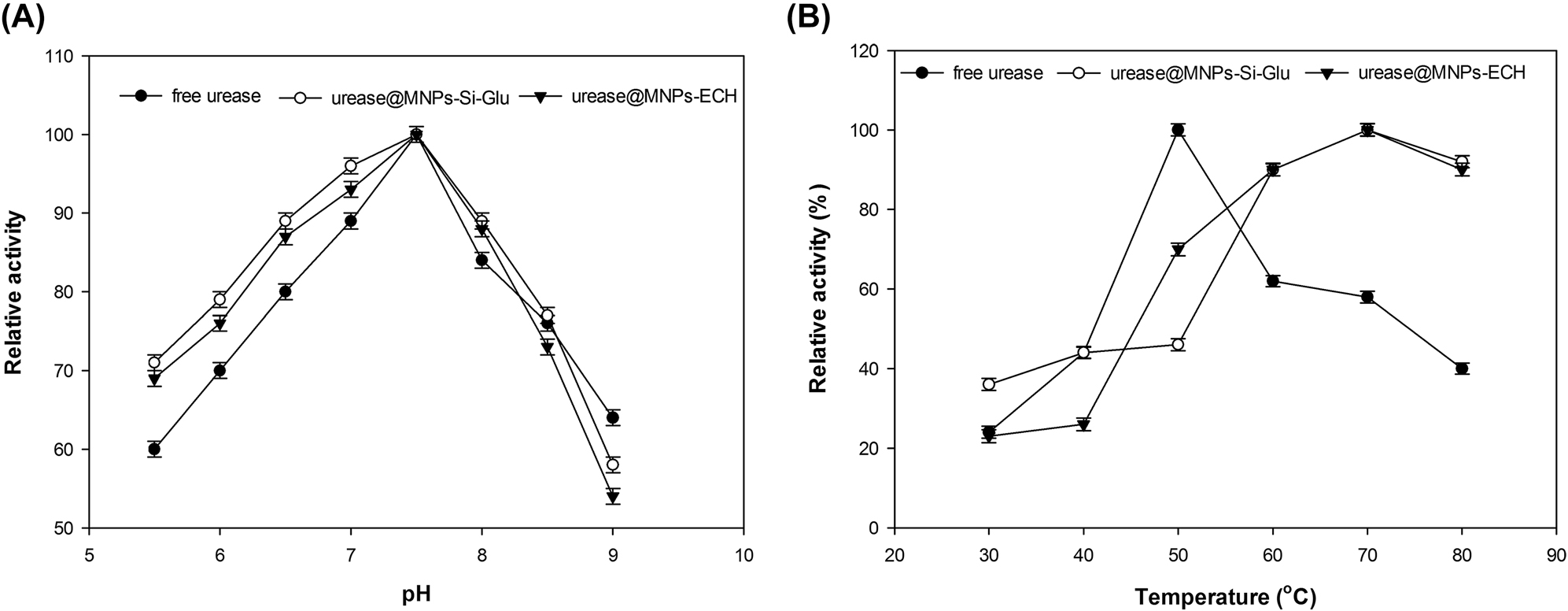 Figure 5: 
The effect of pH and temperature on the activity of free and immobilized urease preparations.
(A) The pH-activity profile of free urease, urease@MNPs-Si-Glu and urease@MNPs-ECH. (B) The temperature-activity profile of free urease, urease@MNPs-Si-Glu and urease@MNPs-ECH.
