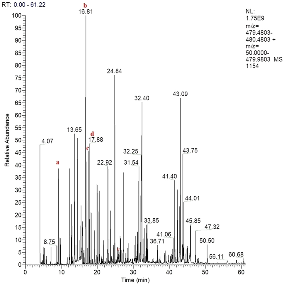 Figure 2: 
Chromatogram of organic acids of the second case obtained with the GC-MS method. (a) Lactic acid, (b) 3-hydroxyisovaleric acid, (c) valproic acid, (d) butanedioic acid, (e) Tropic acid.
