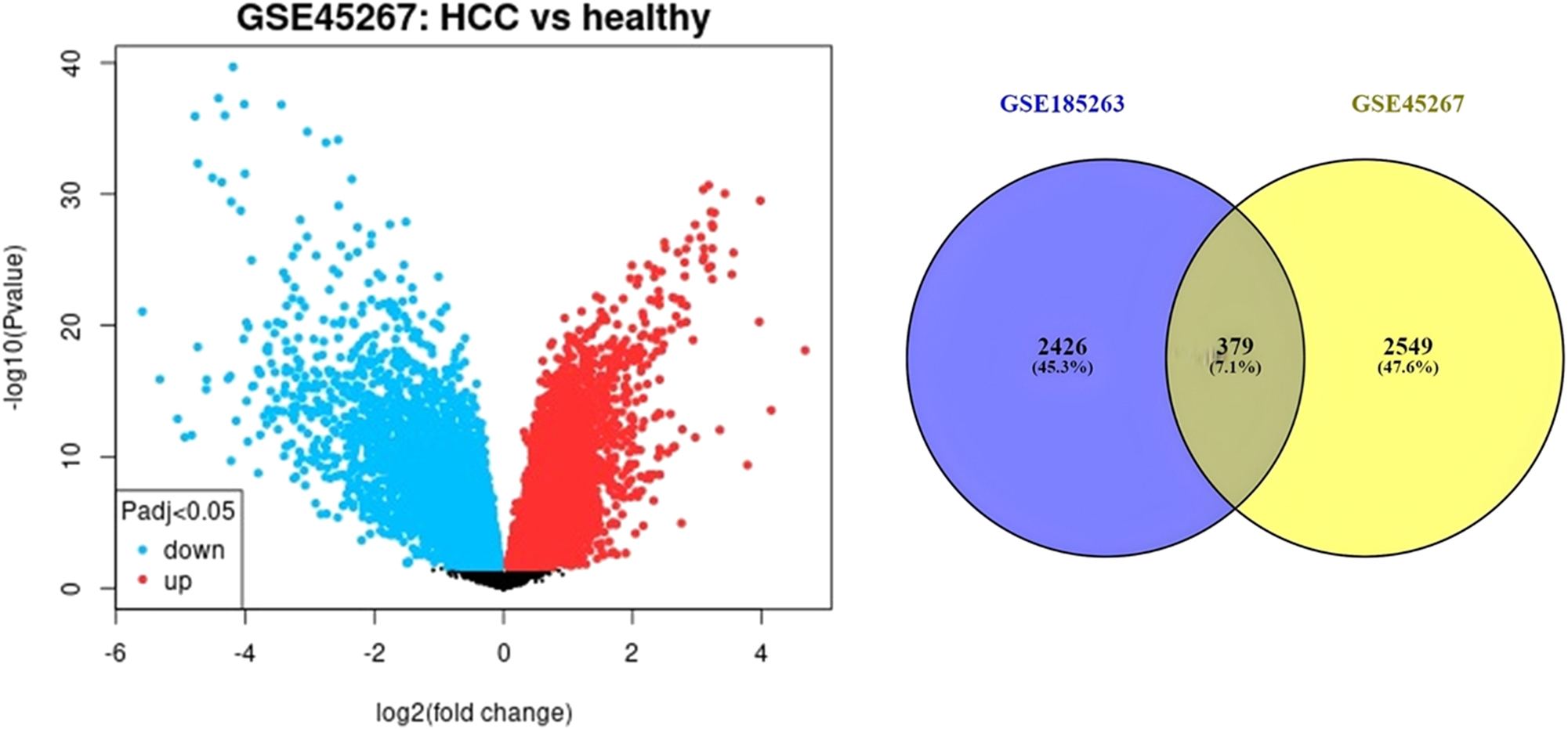 Figure 1: 
Volcano plots of microarray data showing differential gene expression changes in HCC and sepsis. Intersection of DEGs detected in HCC and sepsis. The heatmap was generated based on expression levels of shared DEGs. Red colour indicates higher expression, and blue colour indicates lower expression.
