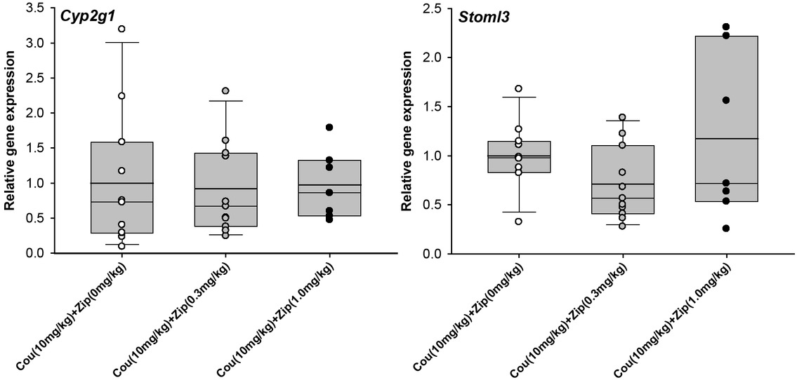 Figure 2 Comparison of gene expression in whole mouse brain by quantitative PCR in animals administered 667-Coumate and either 0, 0.3 or 1.0mg/kg ziprasidone. Boxes show interquartile range with median and mean (bold line) values, and whiskers represent 5% and 95% confidence intervals.
