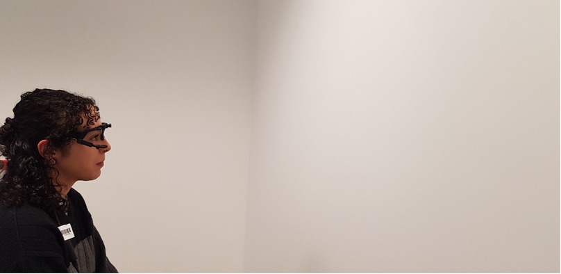 Figure 1 During the four conditions (i.e., free autobiographical recall, positive autobiographical recall, and negative autobiographical recall, as well as counting as a control condition), participants wore eye-tracking glasses and faced a white wall