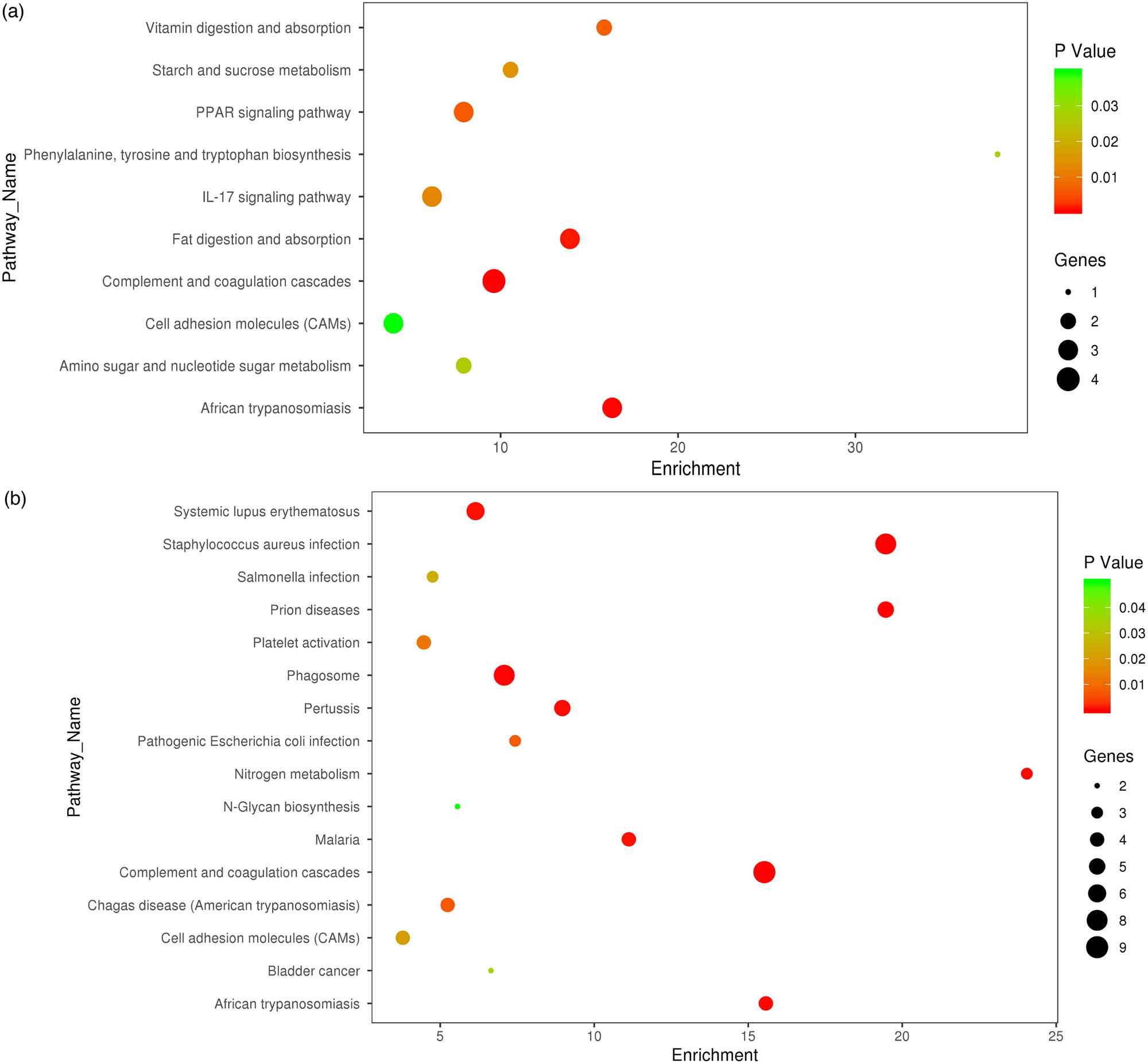 Figure 5
KEGG enrichment analysis of pathways involving differentially expressed proteins in CSF (a) and plasma (b) of PNKD patients and controls. This figure shows the results of GO enrichment analysis of differentially expressed proteins. The pathways with obvious enrichment of differentially expressed proteins in CSF included complex and coordination cascades and African trypanosomiasis (a), whereas the differentially expressed proteins in plasma were mainly enriched in complex and coordination cascades, Staphylococcus aureus infection, prion diseases, and the phasome pathway (b).