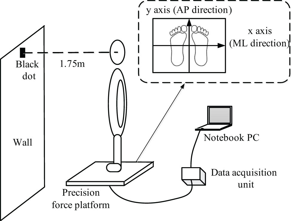 Figure 2 
                  Experimental details of the real-time coordinates of the participant’s COP.
               