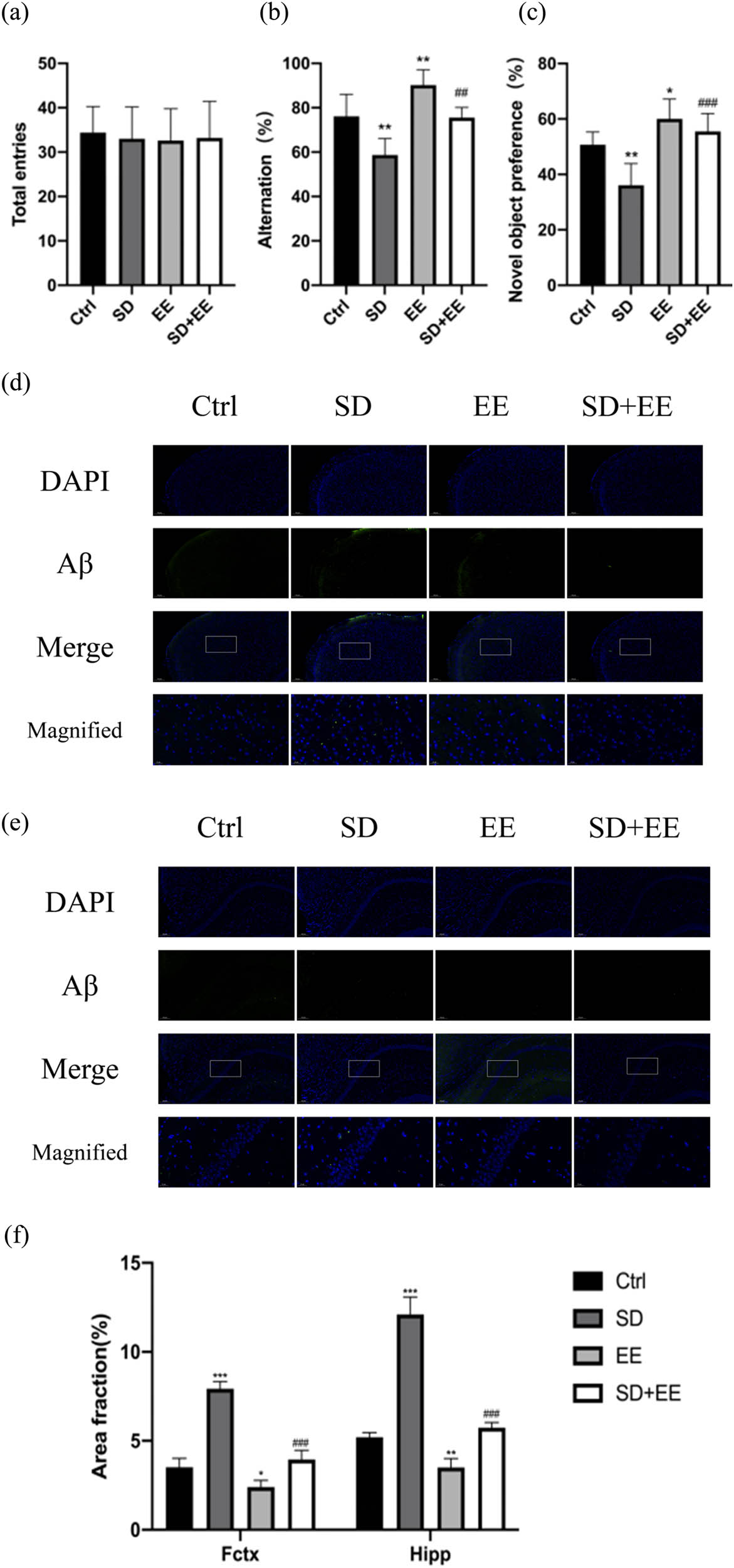 Figure 2 
                  (a–c) Comparison of the results of Y-maze and new object recognition experiments for each group of mice. Note: (a) total number of Y-maze arms; (b) Y-maze alternation rate; (c) new object recognition discrimination index (n = 10. *vs Ctrl group, *P < 0.05, **P < 0.01. #vs SD group, ##
                     P < 0.01, ##
                     P < 0.001); (d) immunofluorescence staining of prefrontal cortex Aβ (green) and DAPI (blue) in each group: magnification scale bar = 100 μm, other scale bar = 20 μm; (e) immunofluorescence staining of prefrontal cortex and hippocampal Aβ (green) and DAPI (blue) in each group: magnification scale bar = 50 μm, other scale bar = 20 μm; and (f) area fraction of positive prefrontal cortex and hippocampus Aβ1-42 in each group (n = 3. *P < 0.05, **P < 0.01, ***P < 0.001 compared to the Ctrl group. ##
                     P < 0.001 compared to the SD group).
               
