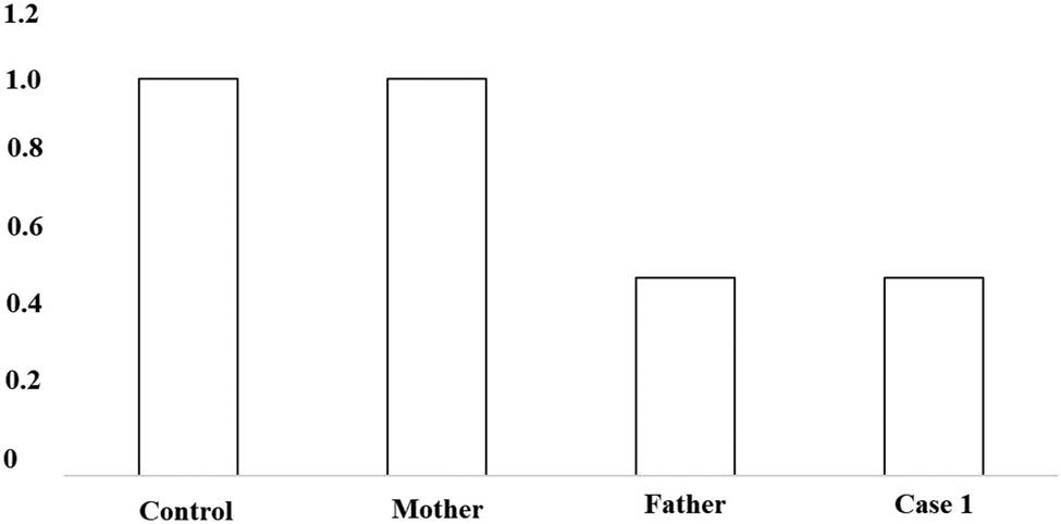 Figure 3 
                  PCR verification: to the control, the ratio of copy number of VPS13B exon 3–19 in case 1 and her father was about 0.5, indicating that VPS13B had heterozygous deletion. To the control, the ratio of her mother’s copy number of VPS13B exon 3–19 was about 1, suggesting that her mother’s copy number was normal.