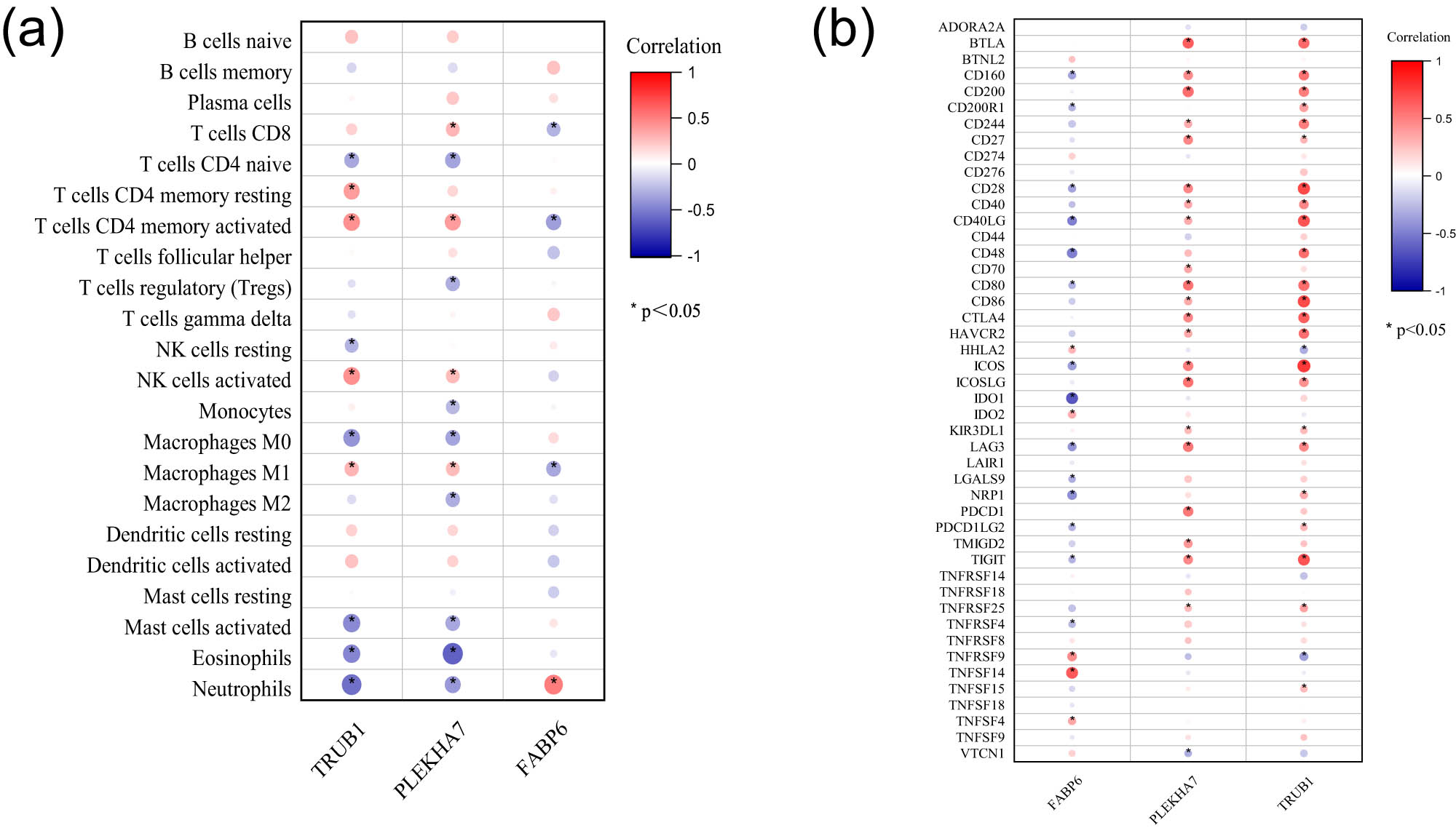 Figure 4 
                  Immune characteristic correlation analyses of the three hub genes. (a) Correlation between hub gene expression and infiltrating immune cells. (b) Correlations between hub gene expression and immune checkpoint markers.
               