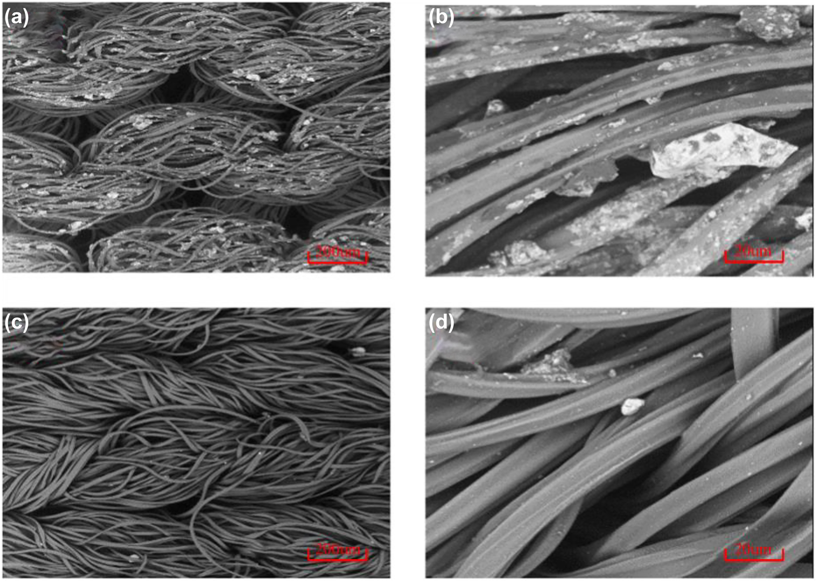 Figure 4: 
The topography of the fabric (degreased) to sebum before (a and b) and after washing (c and d).
