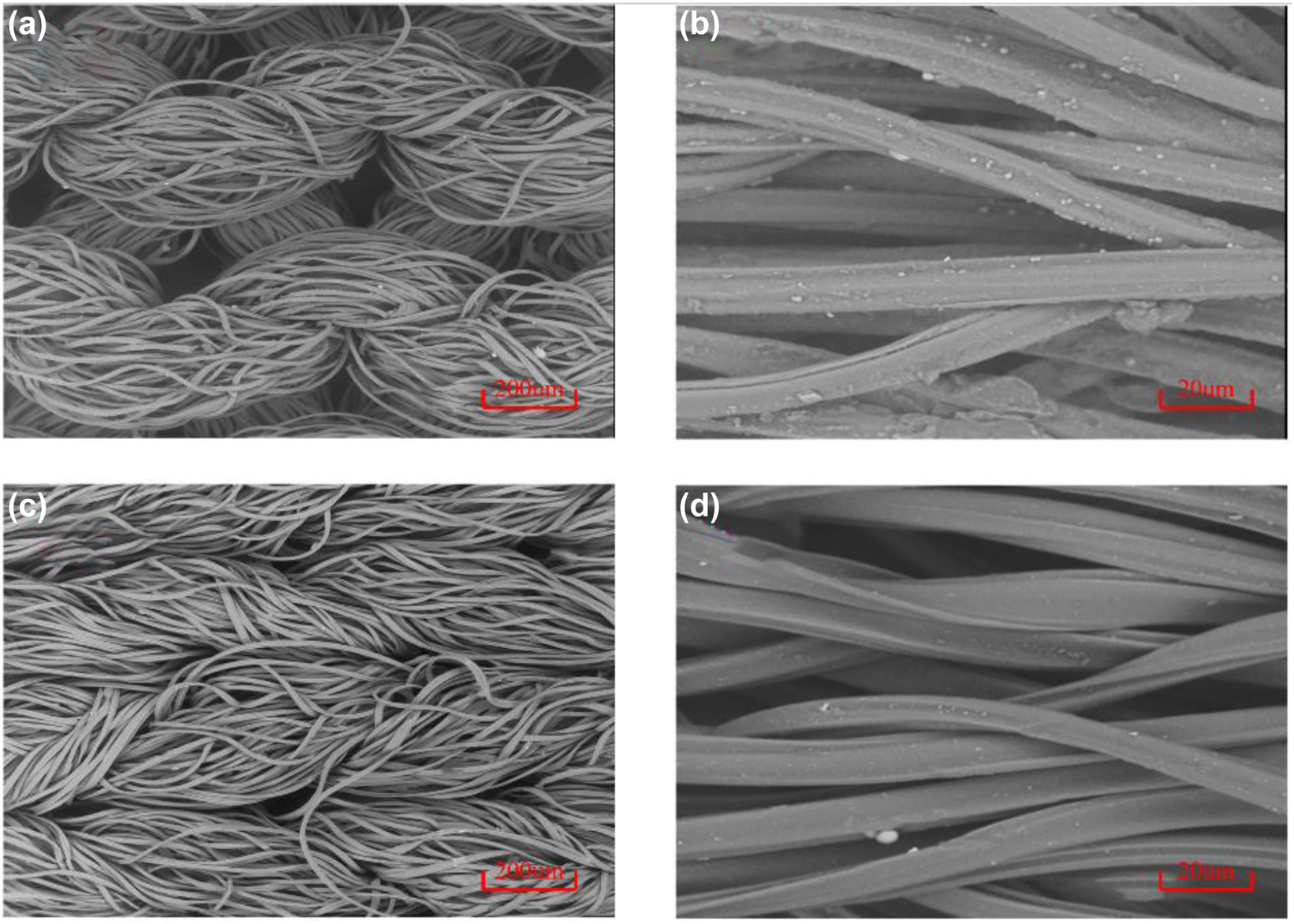 Figure 5: 
The topography of the fabric degreasing process to carbon black oil before (a and b) and after washing (c and d).
