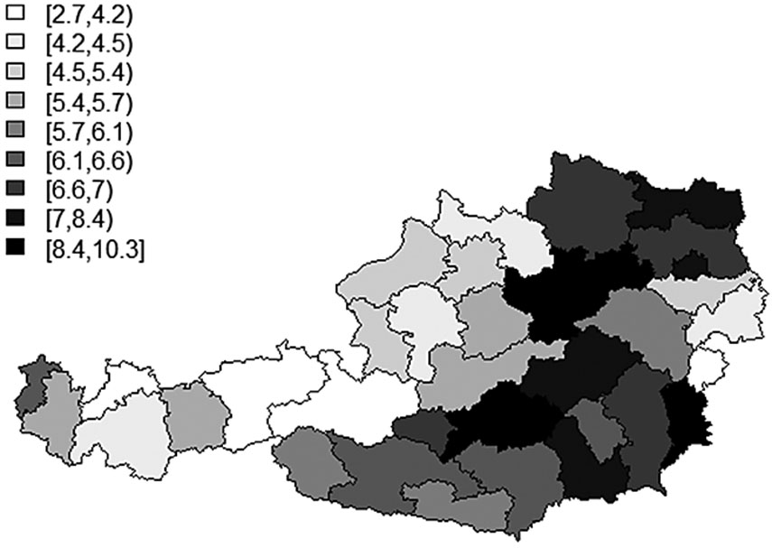 Abbildung 2: Sachwalterschaften pro 1.000 der Wohnbevölkerung in Österreich (Mittel 2008 bis 2010), nach NUTS 3-RegionenNUTS 3-Regionen siehe Fn 12.
(N=35). Datengrundlagen: Bundesrechenzentrum, Statistik Austria, eigene Berechnungen