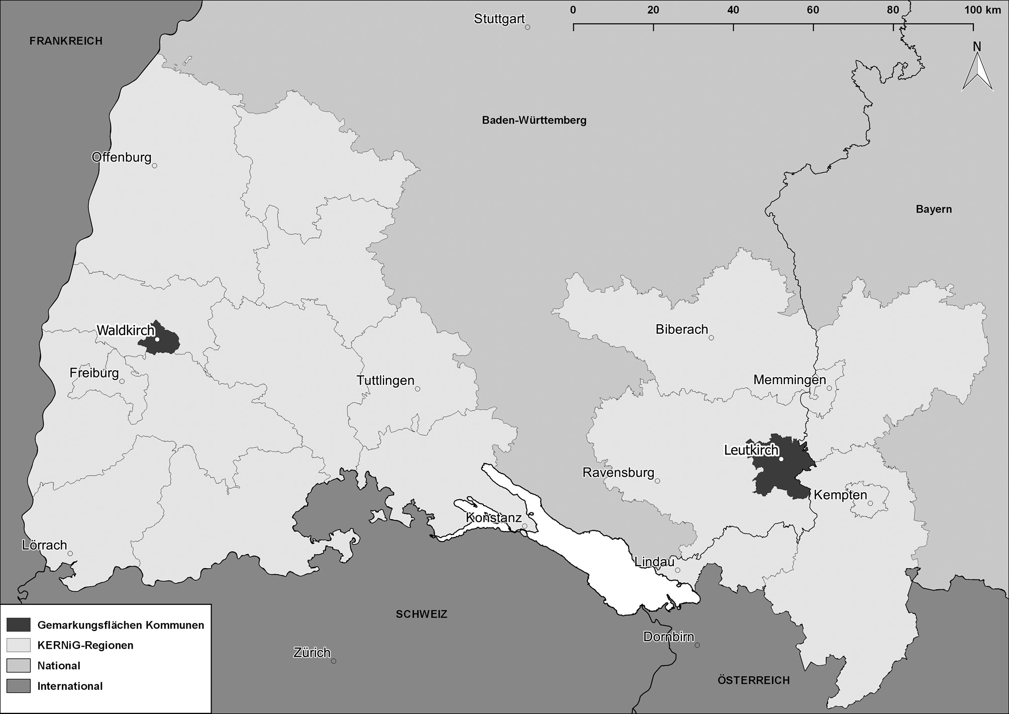 Abbildung 1: Räumliche Lage der Projektkommunen Waldkirch im Breisgau und Leutkirch im Allgäu und Abgrenzung der KERNiG-Regionen.Quelle: Eigene Darstellung, Kartengrundlagen: Baden Württemberg: Landesamt für Geoinformation und Landentwicklung Baden-Württemberg; Bayern: Landesamt für Digitalisierung, Breitband und Vermessung Bayern; Europa: Geoportal der europäische Kommission (EUROSTAT).