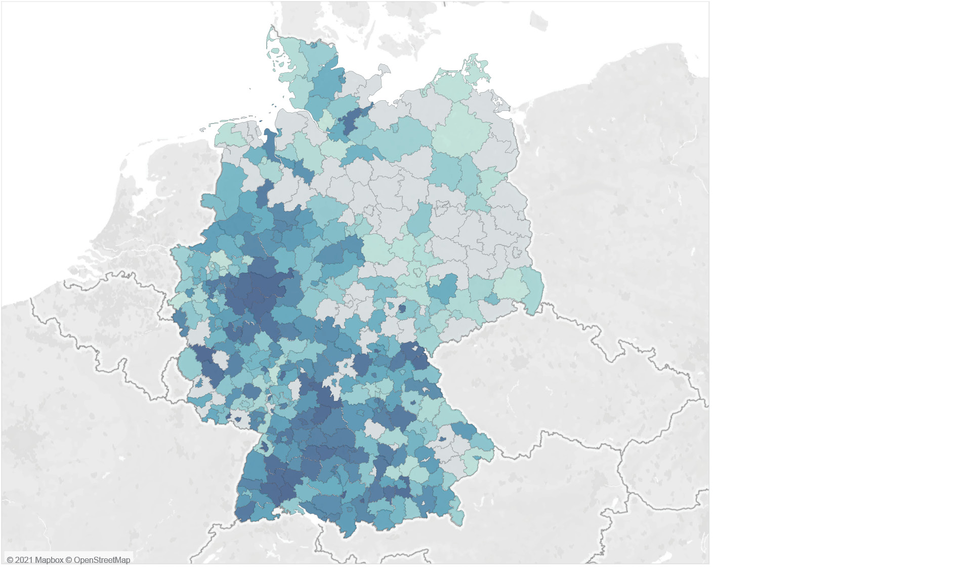 Figure 2: 
Regional distribution of HC intensity in Germany.

Notes: Distribution of the number of HCs per 100,000 inhabitants per district; darker colors represent an increasing HC intensity; grey colored districts possess a HC intensity of zero.

Source: Own representation, created via Tableau.
