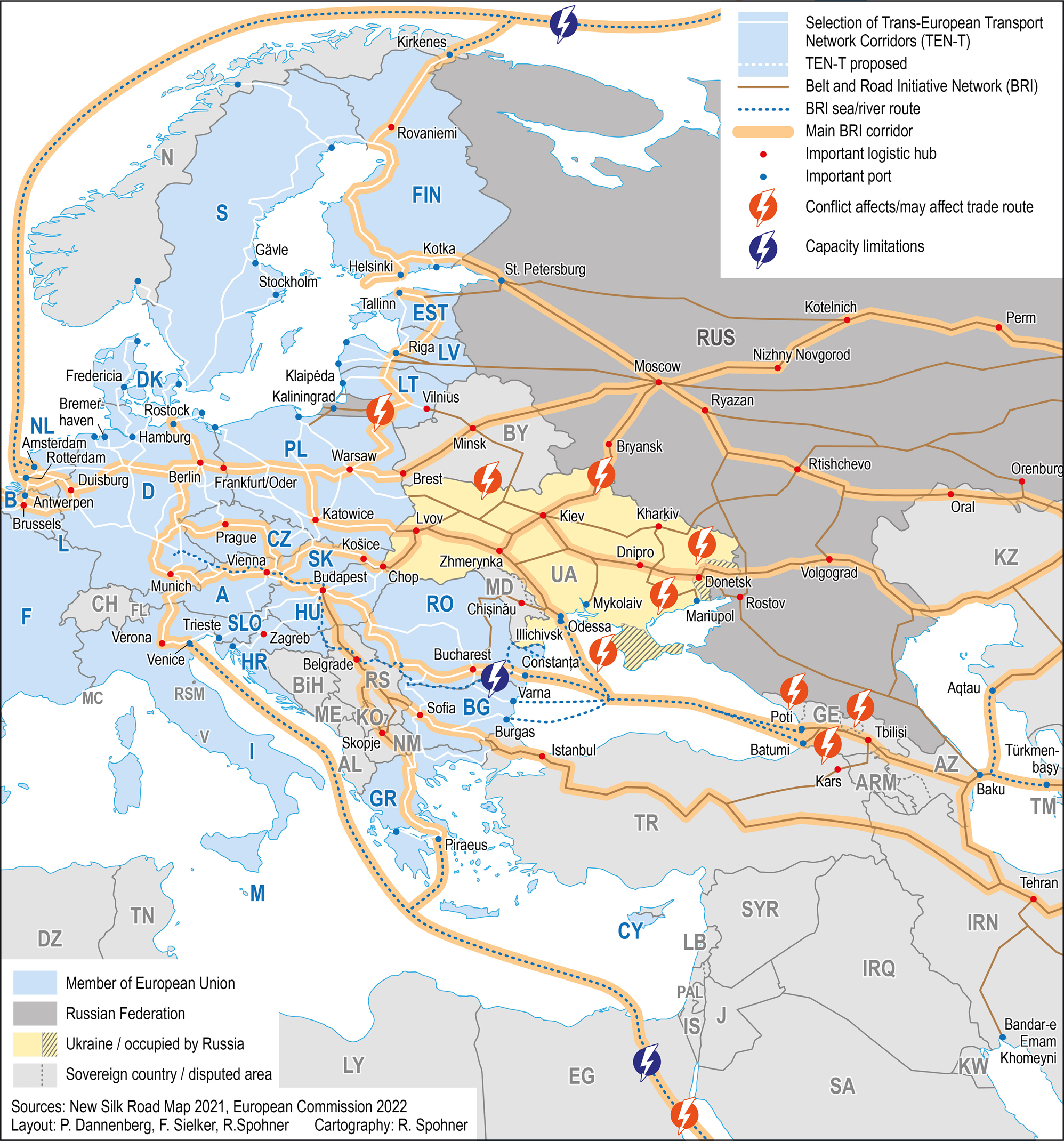 Figure 2: 
Conflicts and limitations along the main routes between Europe and Asia (own design).
