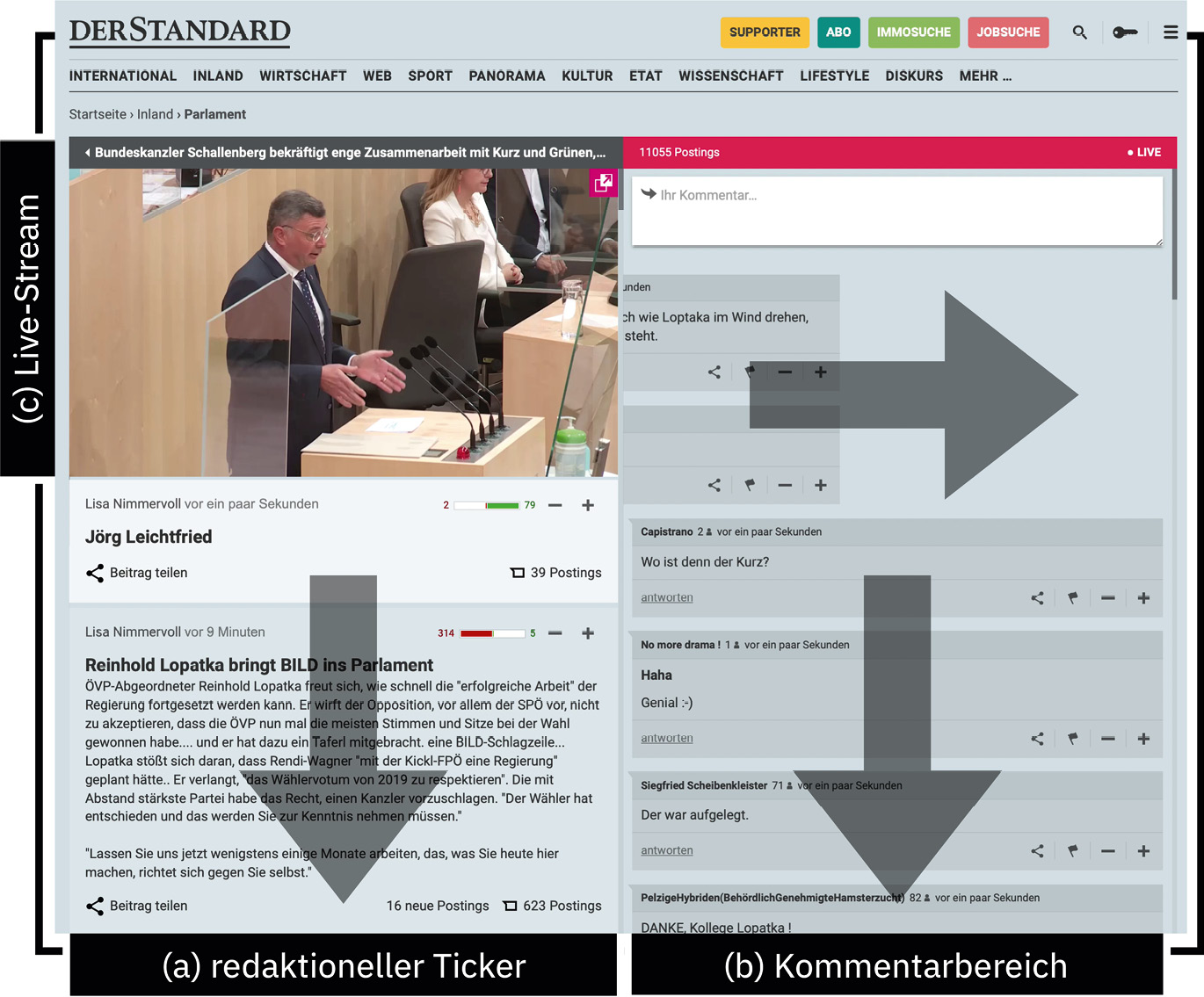 Abb. 1: Annotiertes Standbild aus einer Bildschirmaufzeichnung (lt_derstandardat_rk_2021-10-12)