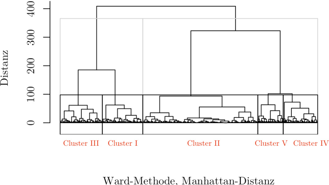Abb. 2: Dendrogramm der 2-Cluster-Lösung (grauer Rahmen) und 5-Cluster-Lösung (schwarzer Rahmen)