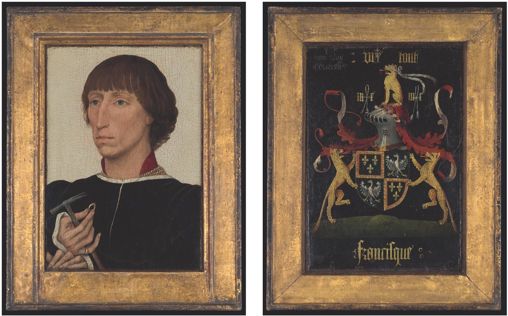 4a – b Rogier van der Weyden, Bildnis des Francesco d’Este, und rückseitig Landschaft mit dem Wappen der Este, um 1460, Öl auf Holz, 31,8 × 22,2 cm. New York, The Metropolitan Museum of Art, The Friedsam Collection, Bequest of Michael Friedsam, 1931