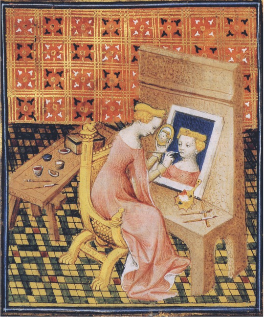 9 Meister der Marienkrönung, Marcia fertigt ihr Selbstporträt, Illumination aus Giovanni Boccaccio, De mulieribus claris, um 1403, Pergament, CLXVII, 352 × 238 mm. Paris, Bibliothèque nationale de France, Département des manuscrits, Fr. 12420 101v