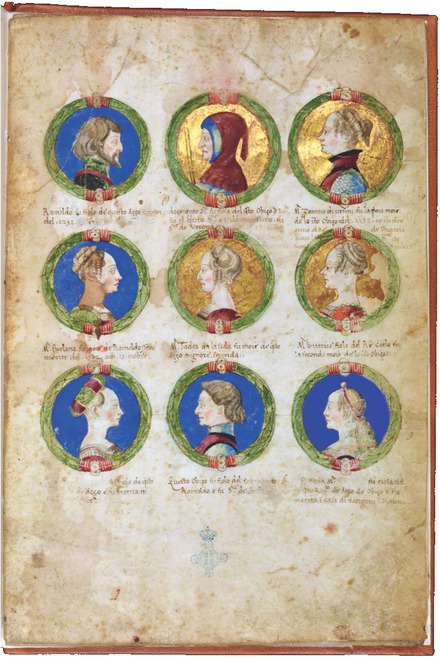 10 Ferrara, Genealogia dei Principi d’Este, 1474–1479, Blattgold und Tempera auf Pergament, 24 Seiten, 320 × 250 mm. Rom, Biblioteca Nazionale Centrale, Vitt. Em. 293 u, Modena, Biblioteca Estense Universitaria di Modena, a. L. 5.16 Ital. 720