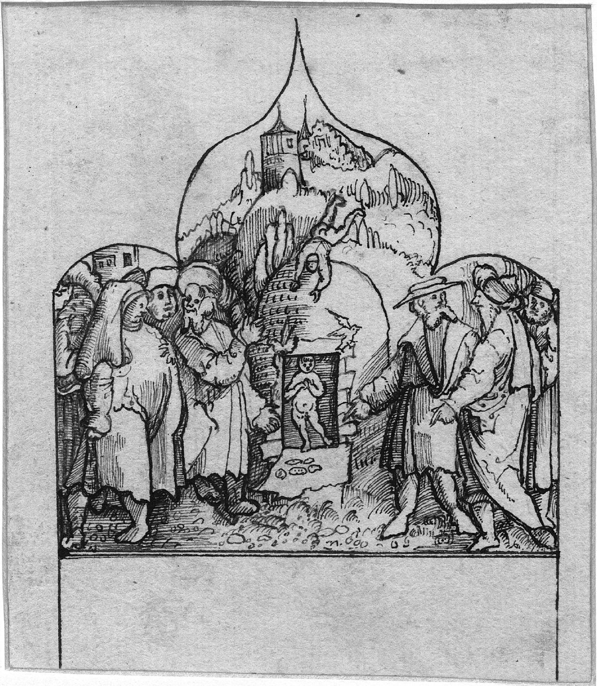 1 
Bavarian, Kinderbegrabnis (?), first quarter of the sixteenth century, pen and ink on paper, 8–8.3 × 7.1 cm. Erlangen, Universitätbibliothek, inv. no. B 1671 T. Here identified as representing the apocryphal Infancy stories of Christ, and attributed to an artist in Albrecht Altdorfer’s circle, made ca. 1508–1512
