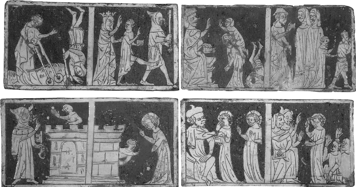 2 
Tring Tiles, ca. 1330, red earthenware with white-slip overlay, incised, carved, and covered with clear lead glaze, 20 × 35.9 cm each. London, British Museum, inv. nos. 1922,O412.1.CR, 1922,O412.2.CR, 1922,O412.3.CR, 1922,O412.4.CR
