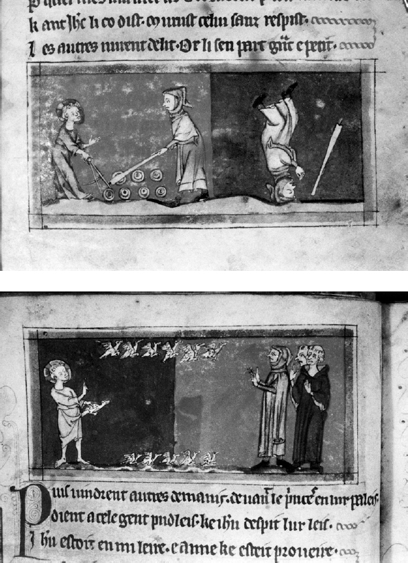4a – b 
Christ Gathering Pools and Striking Dead the Neighbor Boy and Christ Vivifying Clay Birds before the Jewish Elders, ca. 1315–1325, illumination on parchment. Oxford, The Bodleian Library, Ms. Selden Supra 38, fols. 9r, 10v
