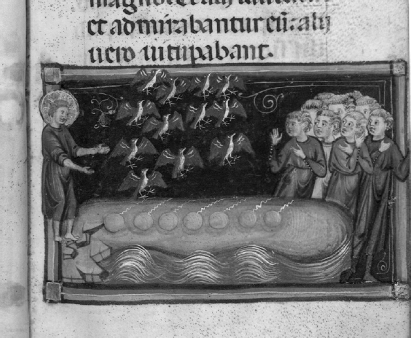5 
Christ Vivifying Clay Birds, fifteenth century, illumination on parchment. Paris, Bibliothèque nationale de France, Ms. Lat. 2688, fol. 24r
