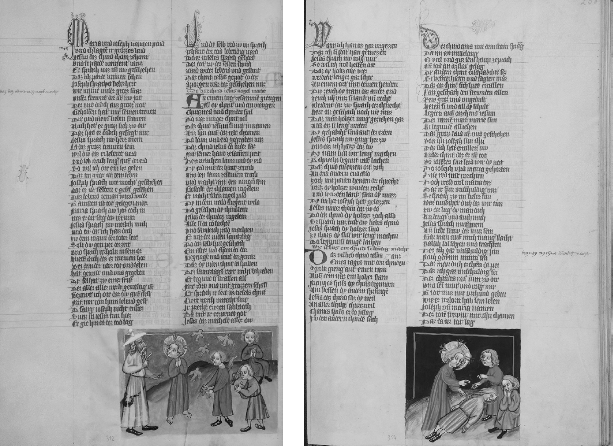 10a – b 
Regensburg, Weltchronik, ca. 1400-1410, pen and ink with tempera colors on parchment, 33.5 × 23.5 cm. Los Angeles, J. Paul Getty Museum, Ms. 33, fols. 256v, 258r

