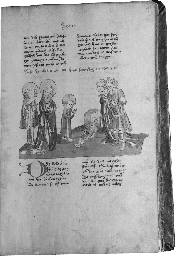 11 
Diebold Lauber (workshop), Christ Reviving a Dead Child, in a Historienbibel, ca. 1430, pen and ink with colored washes. Darmstadt, Landesbibliothek, Hs 1, fol. 256r
