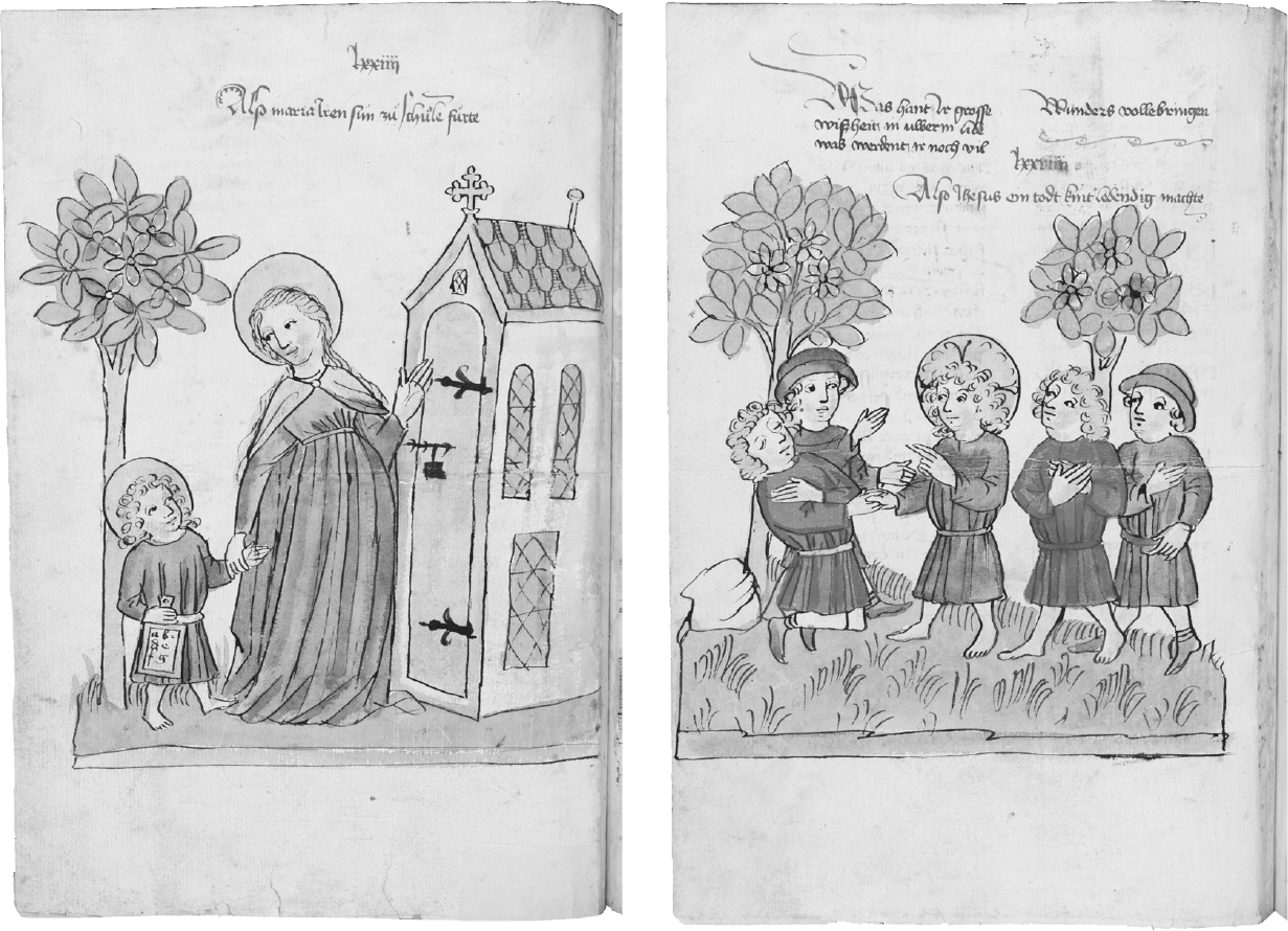 12a – b 
Diebold Lauber (workshop), Mary Leading Christ to School and Christ Reviving a Dead Playmate, ca. 1450–1455, pen and ink with colored washes. St. Gallen, Kantonsbibliothek, Vadianische Sammlung, Ms. 343d, fols. 56v, 59v
