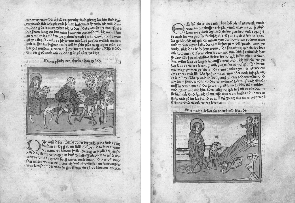 13a – b 
The Holy Family’s Encounter with the Robbers and Christ Reviving a Dead Child, from: Anton Sorg, Die neue Ehe, Augsburg 1476, woodcut with colored washes. Munich, Bayerische Staatsbibliothek, 2 Inc.c.a. 499 m, fols. 25v, 35r
