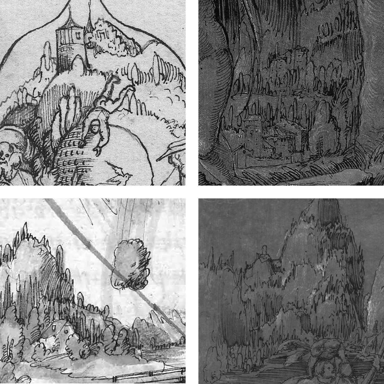 14 
Landscape comparisons. Details from a: the Erlangen drawing (fig. 1); b: Wild Man, London, British Museum, inv. no. 1910,0611.1; c: Historia Friderici et Maximiliani, Vienna, HHStA, Hs B 9, fol. 30r; d: St. Christopher, Vienna, Albertina, inv. no. 3000

