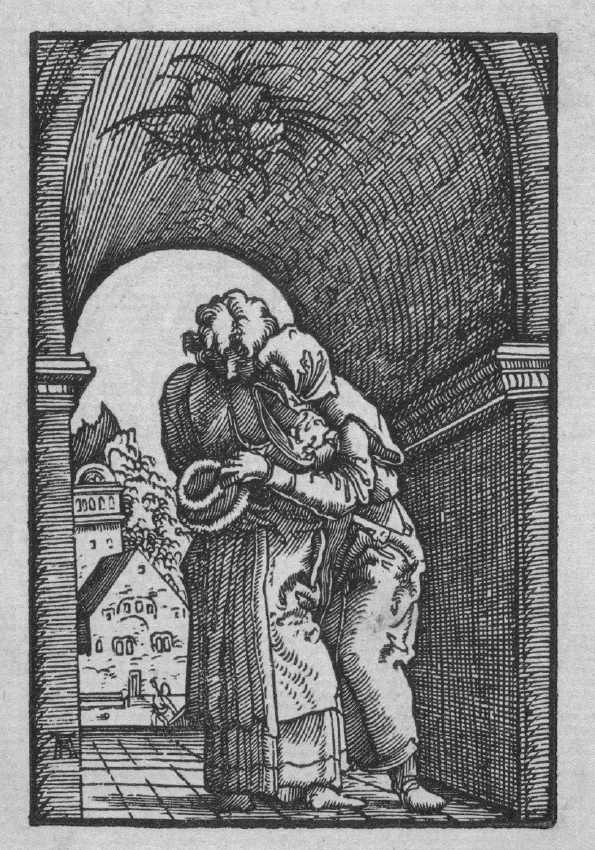 17 
Albrecht Altdorfer, Meeting of Joachim and Anna at the Golden Gate, from the series The Fall and Redemption of Man, ca. 1513, woodcut, 7.2 × 4.8 cm. New York, The Metropolitan Museum of Art, inv. no. 20.11.11
