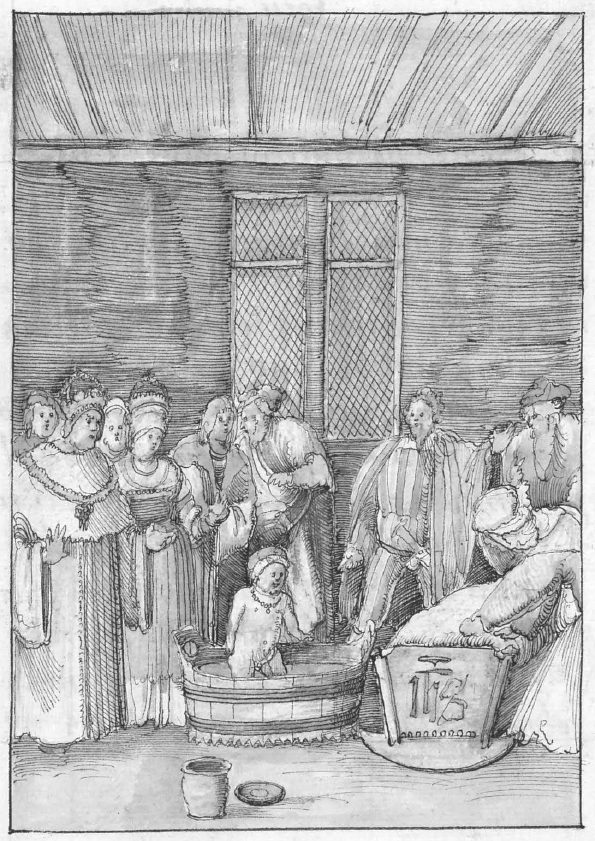 23 
Maximilian’s First Bath, from: Joseph Grünpeck and Albrecht Altdorfer, Historia Friderici et Maximiliana, ca. 1508–1511, pen and ink with colored washes, 28.7 × 21.1 cm. Vienna, Österreichisches Staatsarchiv, Haus-, Hof- und Staatsarchiv, HS B 9, fol. 38r
