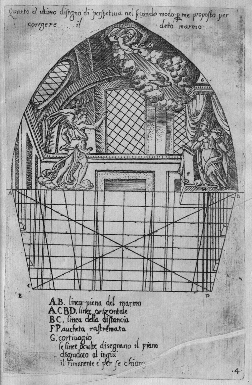 5 Second schéma de perspective proposé par Bassi pour rectifier le bas-relief de l’Annonciation, gravure sur cuivre dans Martino Bassi, Dispareri in materia d’architettura, e perspettiva, Brescia 1572, pl. 4. Zurich, ETH-Bibliothek, Rar 1813