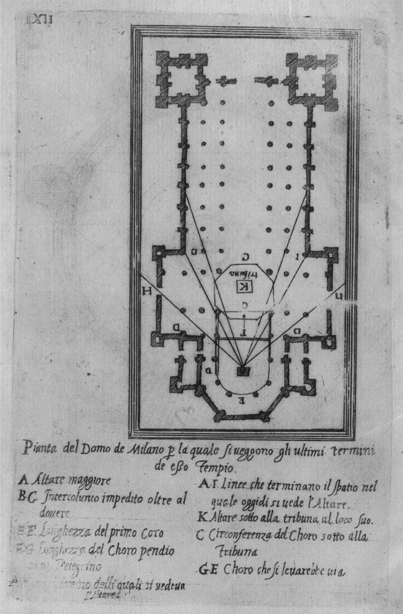6 Plan du Dôme de Milan avec tracé des secteurs angulaires à l’intérieur desquels le maître-autel (A) se voyait depuis les portails du transept (H) jusqu’aux bas-côtés (I), gravure sur cuivre dans Martino Bassi, Dispareri in materia d’architettura, e perspettiva, Brescia 1572, pl. 12. Zurich, ETH-Bibliothek, Rar 1813