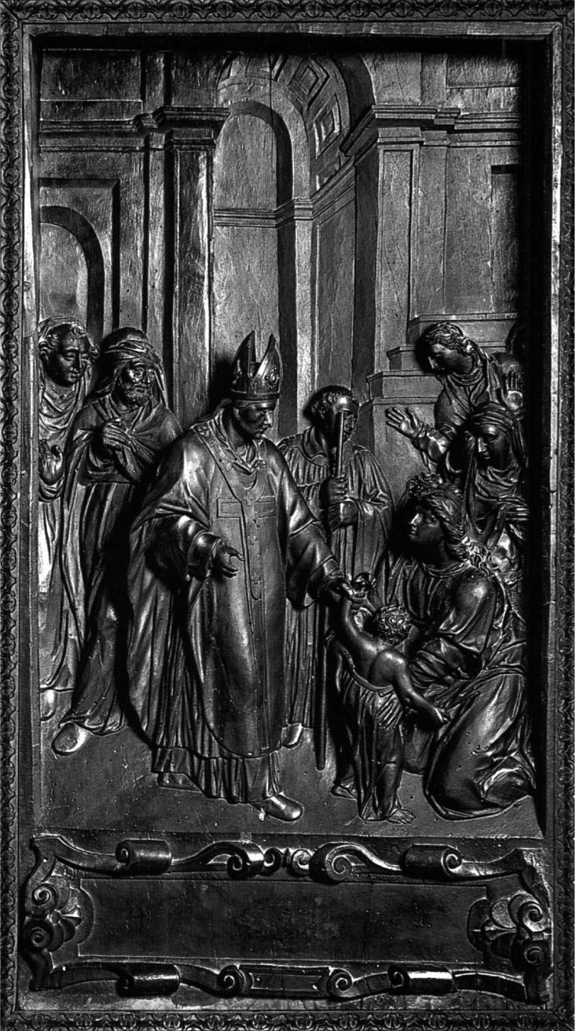 8 Pellegrino Tibaldi, Francesco Brambilla et Paolo Gaza, Bas-relief avec scène de la vie de saint Ambroise (Ambroise remet Pansophe vivant à sa mère), v. 1570–1600, bois de noyer. Milan, chœur du Dôme