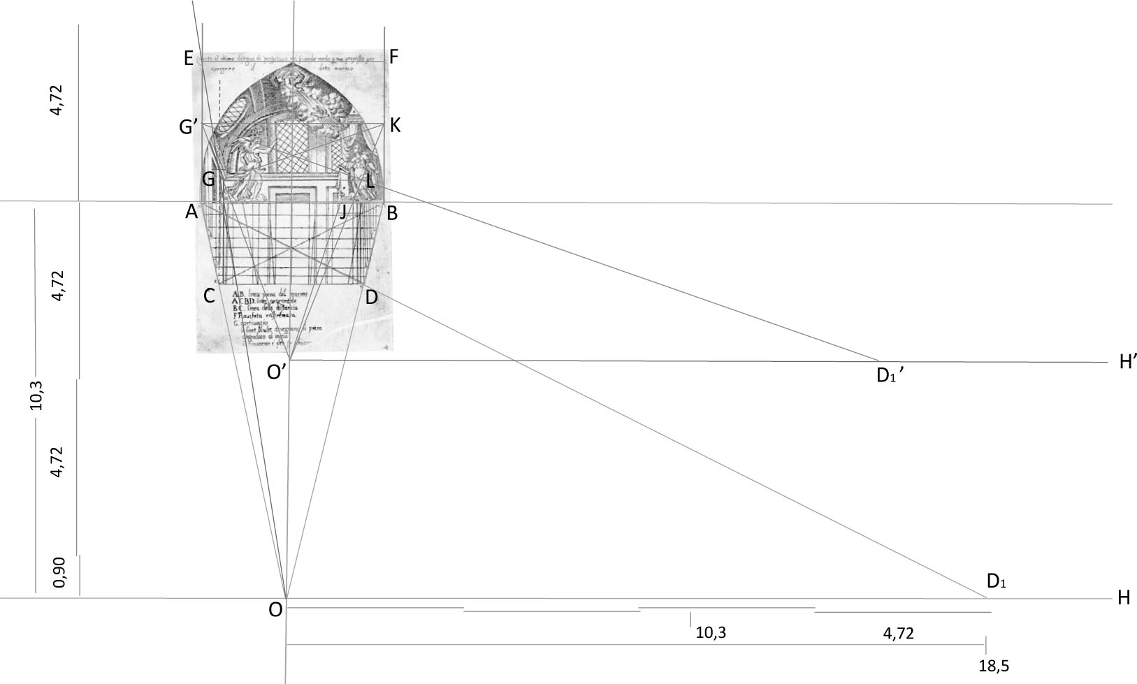 10 Analyse du second des schémas de perspective proposés par Martino Bassi pour rectifier le bas-relief de l’Annonciation. Dessin de l’auteur