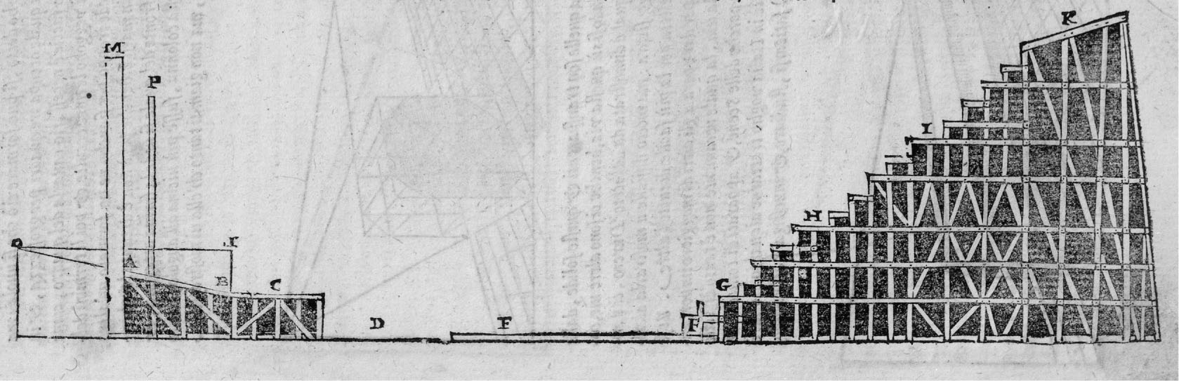 12 Sebastiano Serlio, Profil des gradins et de la scène d’un théâtre en bois, gravure sur bois dans Tutte l’opere d’architettura di Sebastiano Serlio : Il secondo libro di prospettiva..., Venise 1584, f. 47V. Zurich, ETH-Bibliothek, Rar 6799