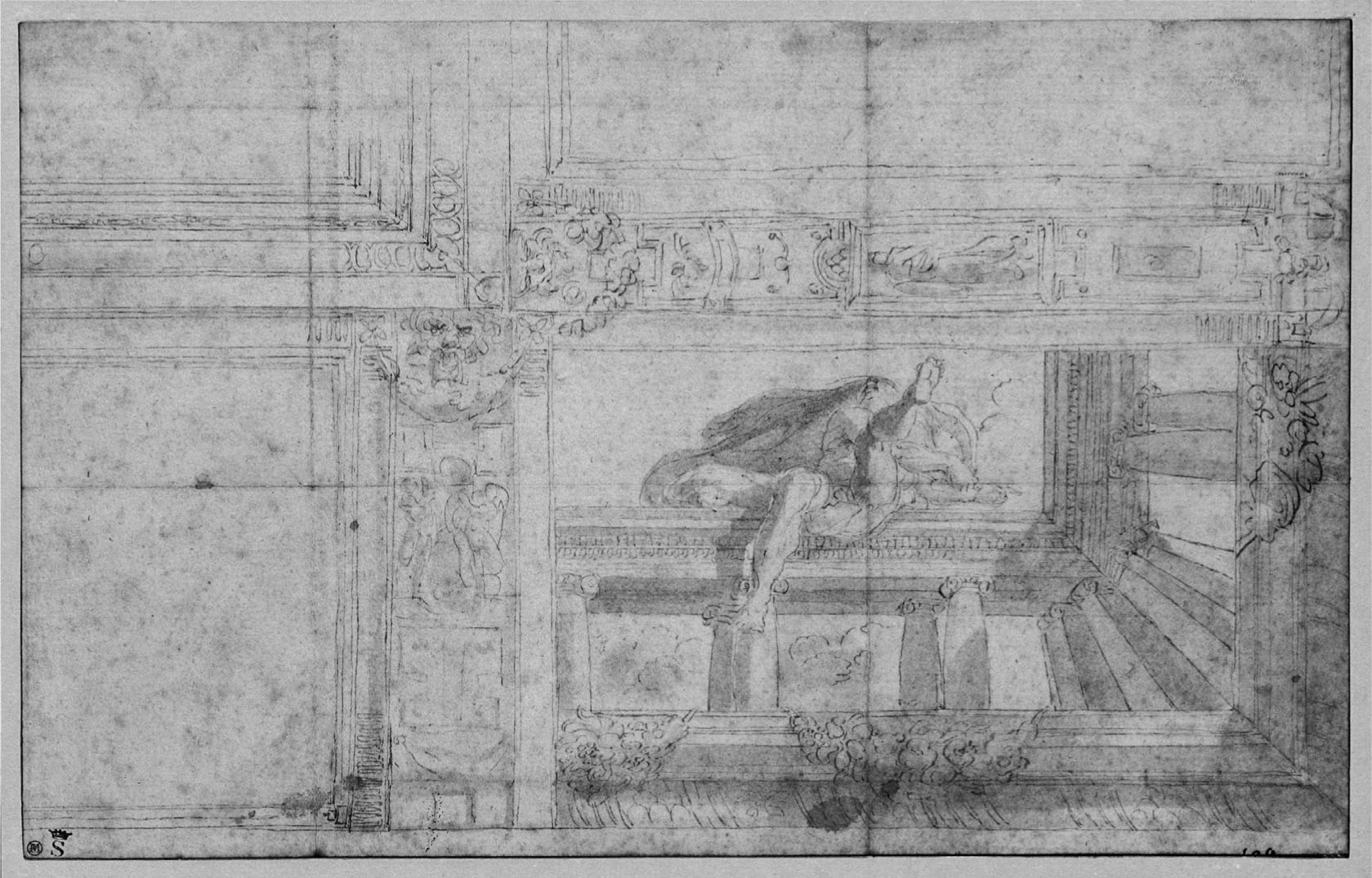 13 Lodovico Carracci, Étude du décor (fresques et stucs) de la voûte de la salle d’Ulysse réalisé par Pellegrino Tibaldi au palais Poggi à Bologne, v. 1580–1590, plume, encre brune et lavis sur papier. New Haven, Yale University Art Gallery, n° d’acquisition 2010.33.1
