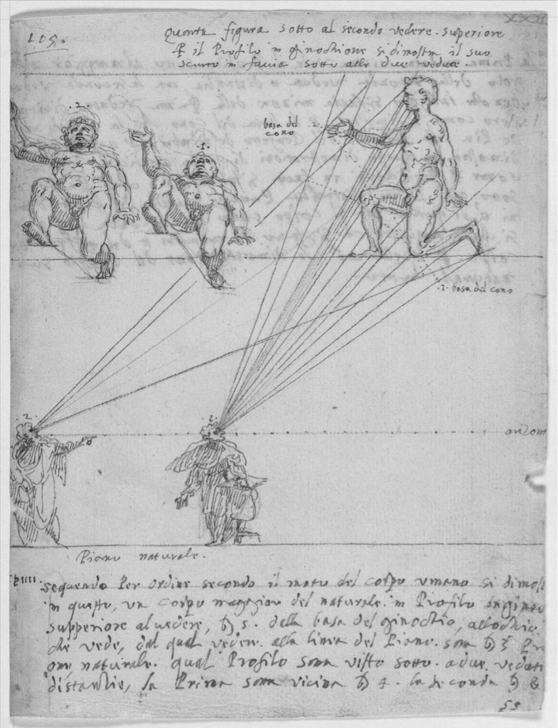 15 Carlo Urbino, «Quarta figura sotto al secondo vedere superiore [...] Cp. IIII», Codex Huygens, v. 1560–1570, f. 115, plume et encre brune, graphite, incises au stylet sur papier préparé, 18,5 × 14,1 cm, New York, The Morgan Library & Museum
