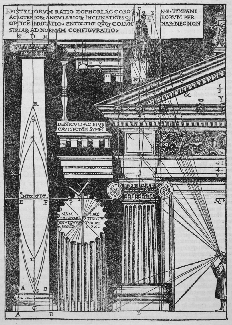 16 Cesare Cesariano, Illustration des ajustements visuels (temperaturae) appliqués à l’ornement architectural des temples, gravure sur bois dans Vitruve, De architectura libri decem, éd. Cesare Cesariano, Côme 1521, f. LXr. Einsiedeln, Stiftung Bibliothek Werner Oechslin, A05c, app. 2917