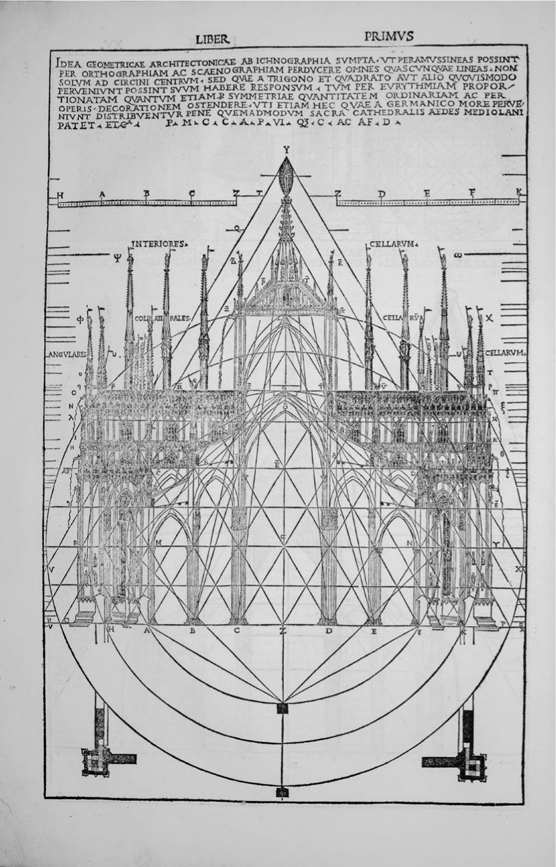 17 Cesare Cesariano, «Scaenogaphia» du Dôme de Milan, gravure sur bois dans Vitruve, De architectura libri decem, éd. Cesare Cesariano, Côme 1521, f. XVv. Einsiedeln, Stiftung Bibliothek Werner Oechslin, A05c, app. 2917