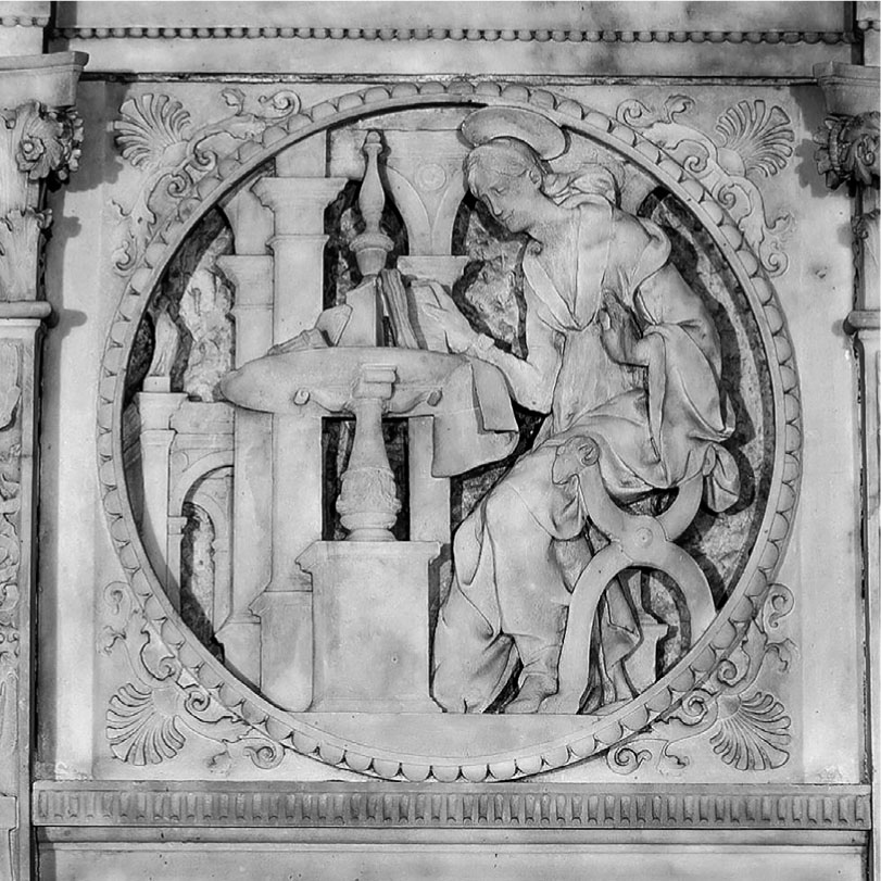 20 Andrea Sansovino et assistants, Vierge de l’Annonciation, tondo de l’autel Corbinelli, apr. 1491, perspective parallèle en bas-relief, marbre, env. 47 cm (diamètre). Florence, Santo Spirito