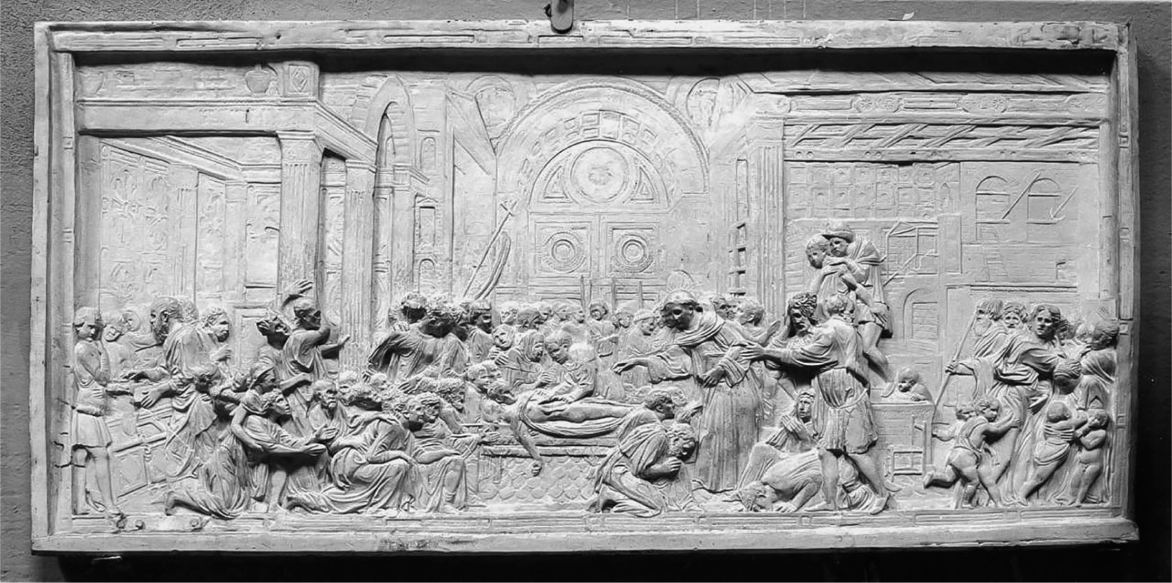 21 Anonyme, moulage en plâtre, av. 1894 ?, d’après l’original en bronze de Donatello, Miracle du cœur de l’avare, (v. 1447), maître-autel de la basilique Saint-Antoine de Padoue, 63 × 124 cm. Florence, Istituto Statale d’Arte