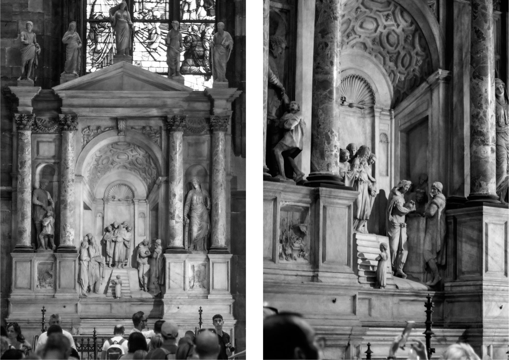22a–b Agostino Busti dit Bambaia, Cristoforo Lombardo et Vicenzo Seregni, Présentation de la Vierge au temple, retable de l’autel Vimercati (vues de face et profil), 1546–1560, marbre. Milan, transept sud du Dôme