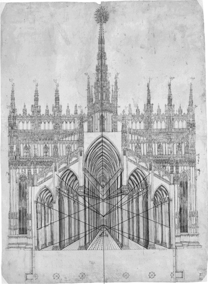 23 Analyse du schéma perspectif d’un dessin anonyme [Vincenzo Seregni ou Cristoforo Lombardo ?], Plan partiel et coupe perspective sur la nef de la cathédrale de Milan, v. 1525–1550, dessin, stylet, graphite, plume, lavis, encre brune sur papier, 56,4 × 41,0 cm. Milan, Biblioteca Ambrosiana, F. 251 inf. n. 35 ; dessin analytique de l’auteur
