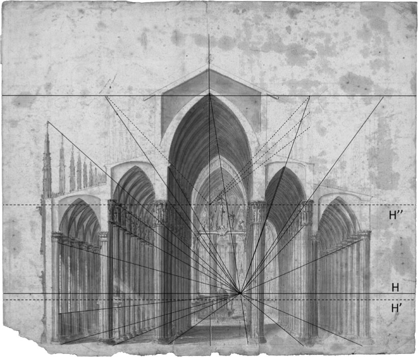 24 Analyse du schéma perspectif d’un dessin anonyme, Coupe-perspective sur la nef et les bas-côtés du Dôme de Milan, v. 1590–1610, dessin, stylet, graphite, plume, lavis, encre brune sur papier, 28,3 × 33,0 cm. Milan, Archivio Storico Civico – Biblioteca Trivulziana, Raccolta Bianconi, II, f. 5v ; dessin analytique de l’auteur