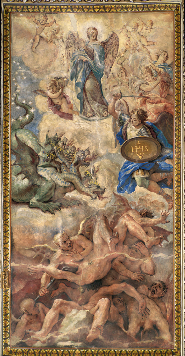 2 
Paolo De Matteis, Woman of the Apocalypse and St. Michael Fighting the Dragon, 1698, fresco. Naples, Gesù Nuovo
