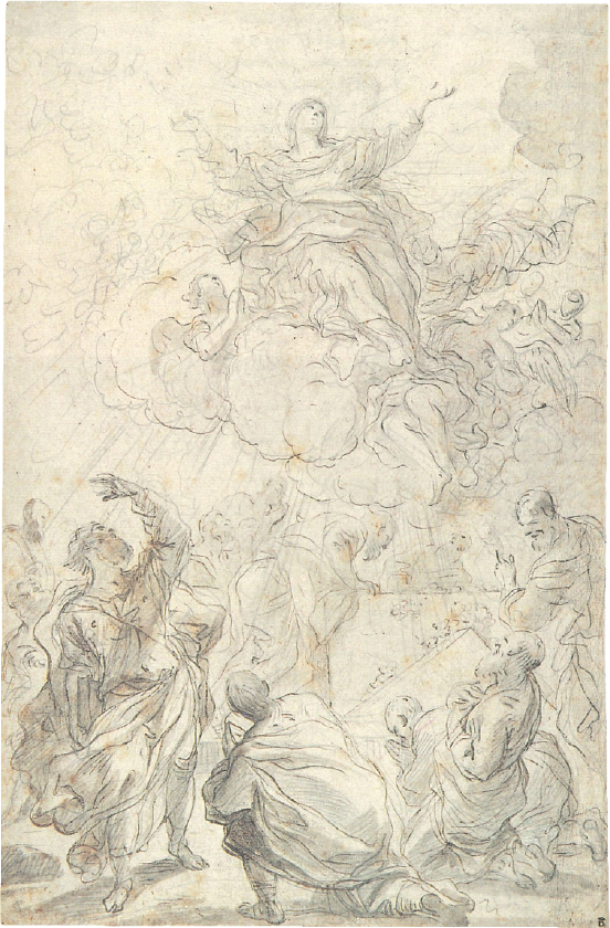 17 
Luca Giordano, The Assumption of the Virgin, 1692–1702, pen and brown ink with gray wash over black chalk on white paper, 43 × 28.2 cm. Chatsworth, Devonshire, inv. no. 625
