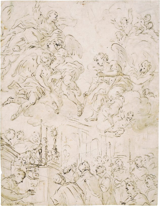 19 
Paolo De Matteis, The Celebration of Mass with the Holy Ghost, Virgin Mary, and Angels in the Sky above, ca. 1685–1695, pen, brown ink, and brown wash on white paper, 29.5 × 22.7 cm. Copenhagen, Statens Museum for Kunst, Den Kongelige Kobberstiksamling, inv. no. GB 350
